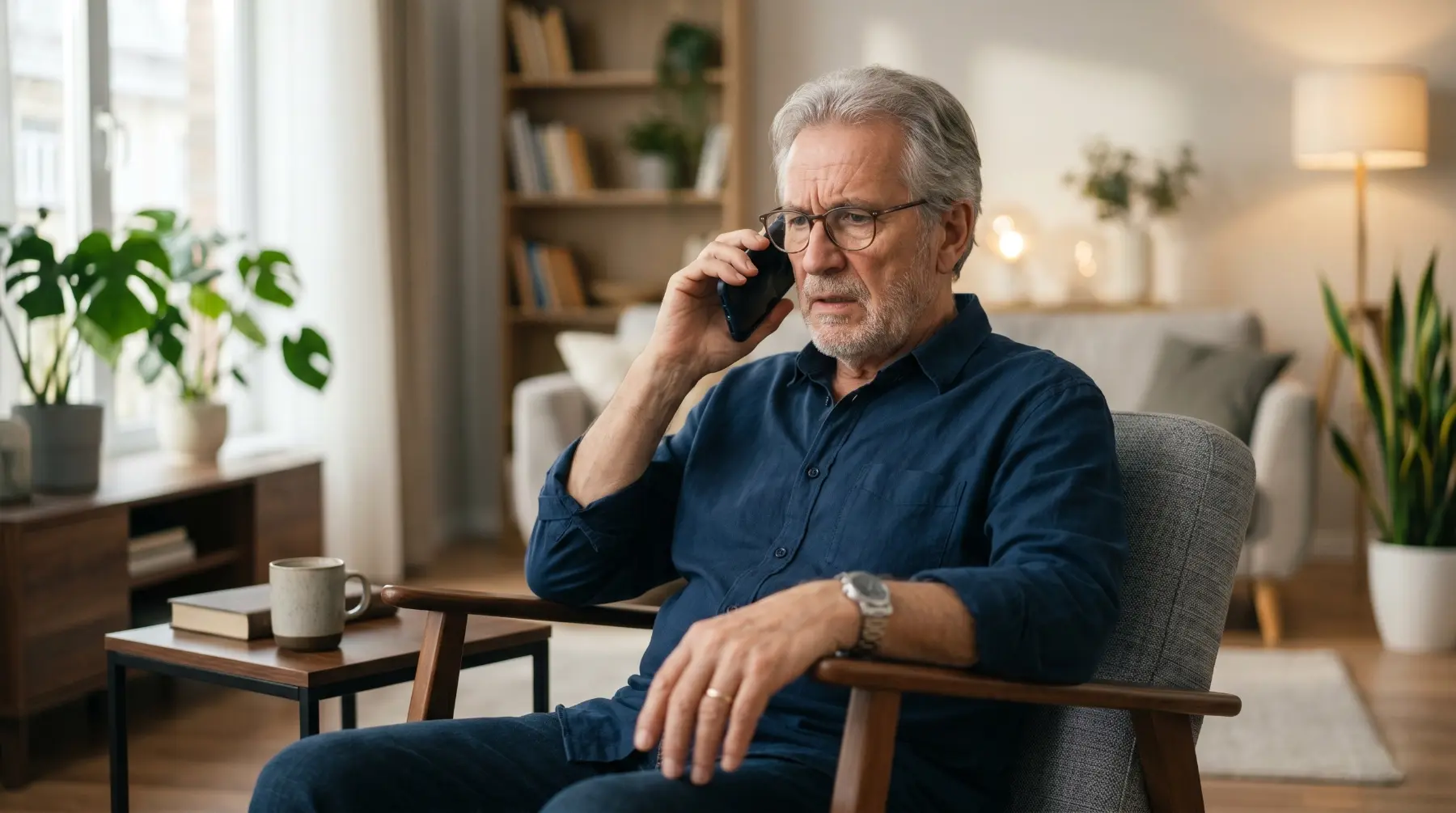 Eine Familie sitzt zusammen am Tisch und schaut auf ein Smartphone