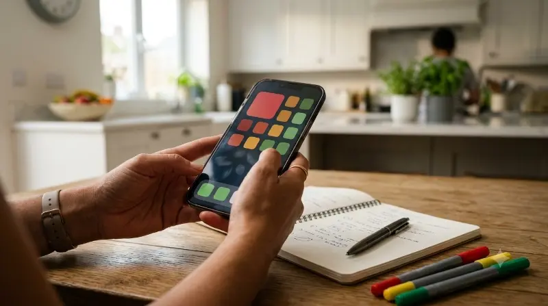 Smartphone-Bildschirm mit vielen App-Symbolen, daneben eine Hand mit Stift und Notizblock